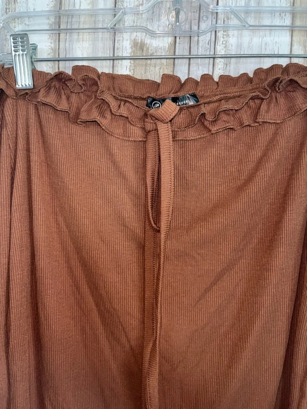 PrettyGarden Brown Off Shoulder Ribbed Top XL Boho Long Sleeve Tie Neck - Picture 5 of 6